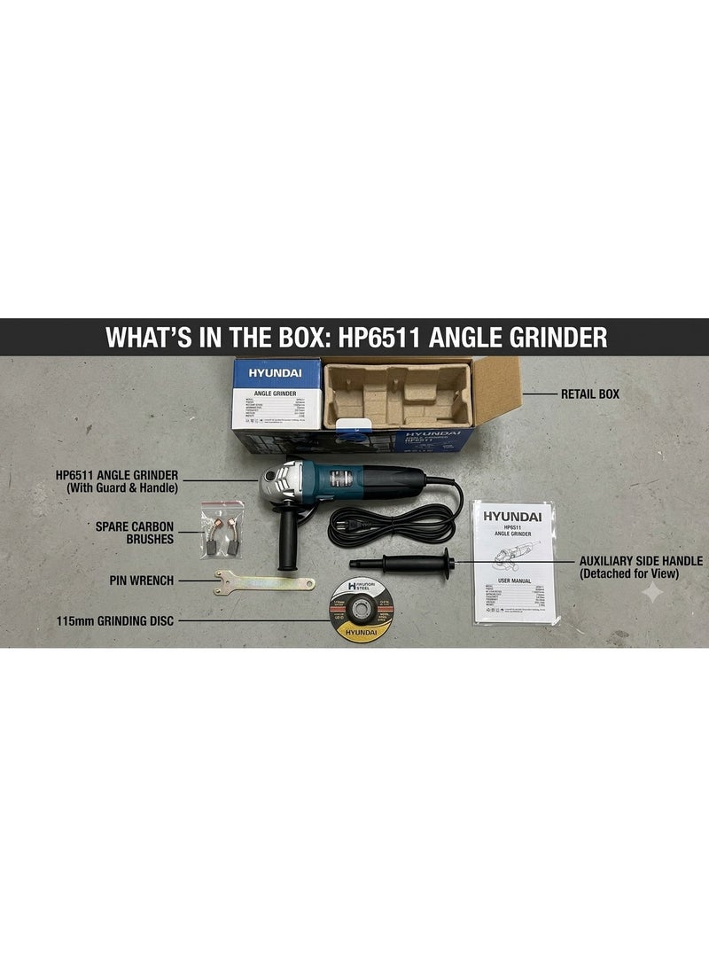 HYUNDAI Angle Grinder Hyundai HP-6511 650W 115mm Electric Grinding Machine 11000 RPM Metal Cutting and Grinding Tool for Steel Iron and Masonry - Image 3