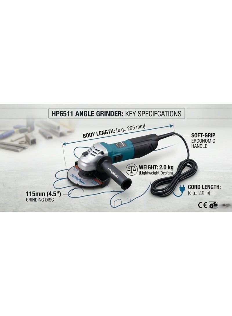 HYUNDAI Angle Grinder Hyundai HP-6511 650W 115mm Electric Grinding Machine 11000 RPM Metal Cutting and Grinding Tool for Steel Iron and Masonry - Image 2