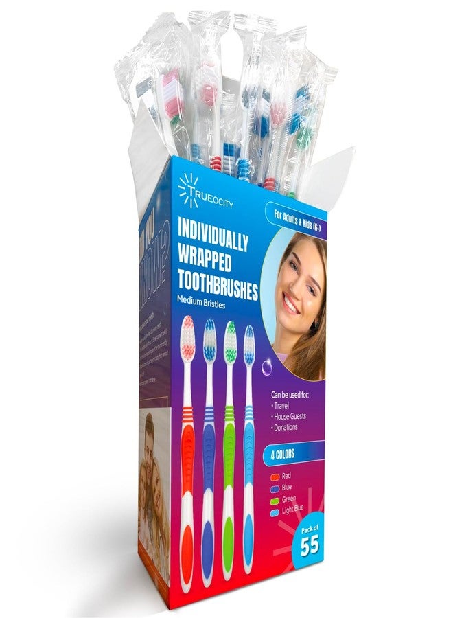 Trueocity Toothbrushes Bulk Individually Wrapped - 55 Pack, Bulk Toothbrush, Medium BristlesToothbrush Bulk, Individual Toothbrushes, Multi-Colored Toothbrushes Pack For Adults And Kids, Multi Pack Toothbrushes - Image 1