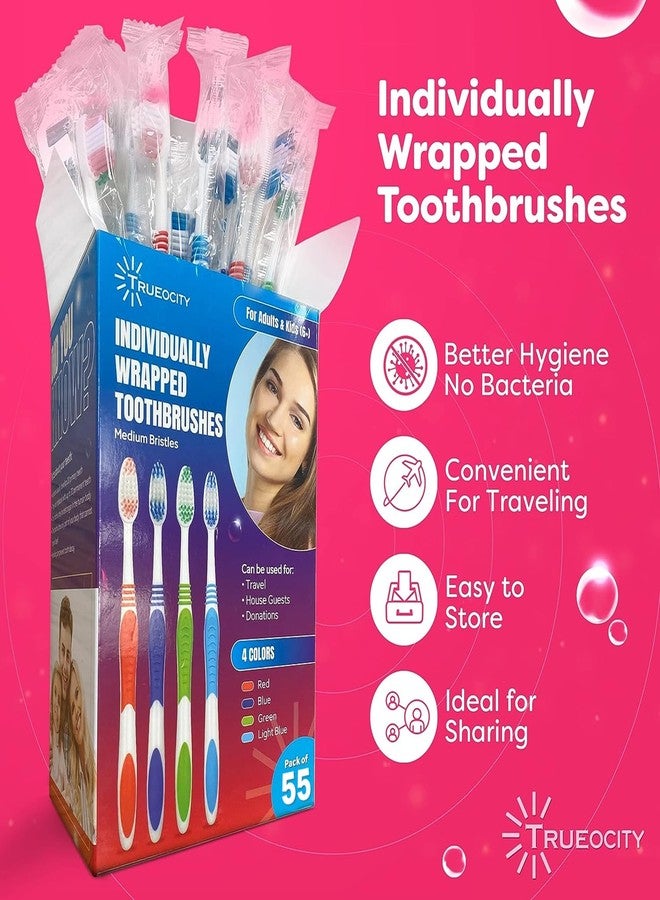 Trueocity Toothbrushes Bulk Individually Wrapped - 55 Pack, Bulk Toothbrush, Medium BristlesToothbrush Bulk, Individual Toothbrushes, Multi-Colored Toothbrushes Pack For Adults And Kids, Multi Pack Toothbrushes - Image 3