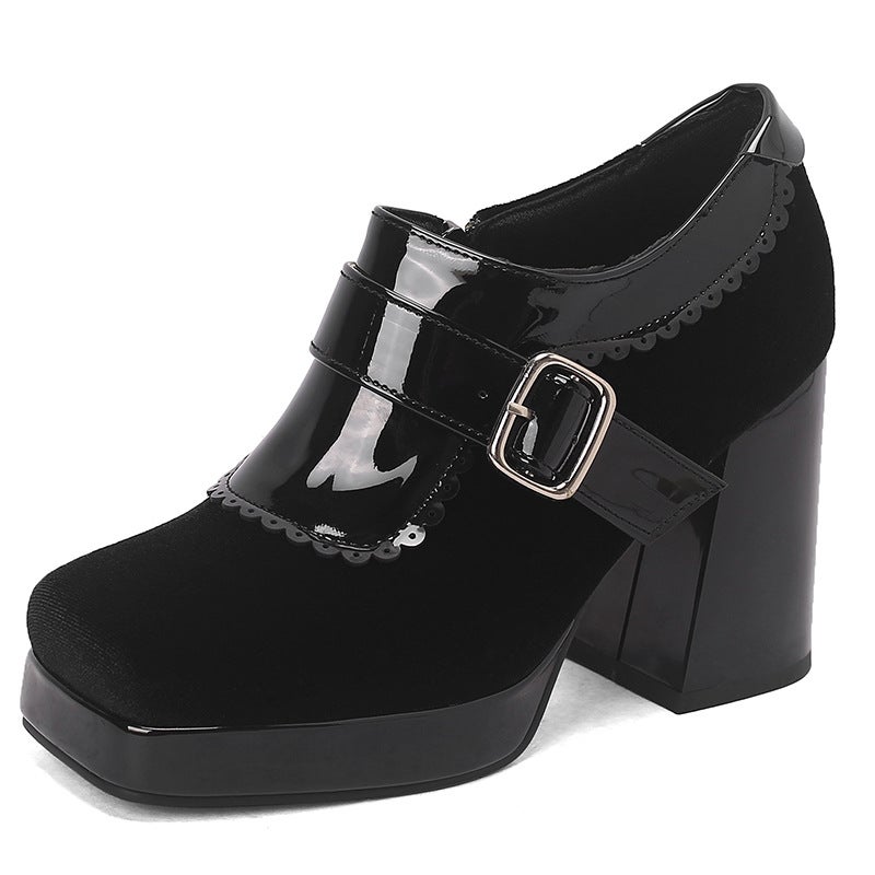Funds In Early Spring 2025 Fashion Square Head Thick Bottom 33-48 Size Code Stitching Belt Buckle Single Shoes - Image 1
