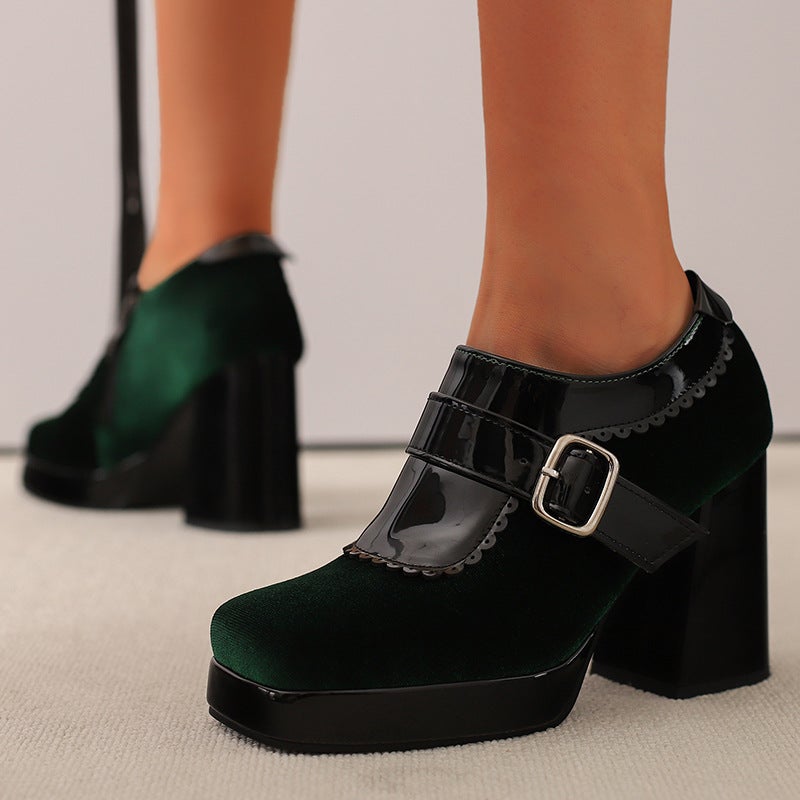 Funds In Early Spring 2025 Fashion Square Head Thick Bottom 33-48 Size Code Stitching Belt Buckle Single Shoes - Image 2