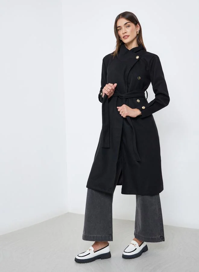 Styli Styli Black Knee-Length Belted Coat