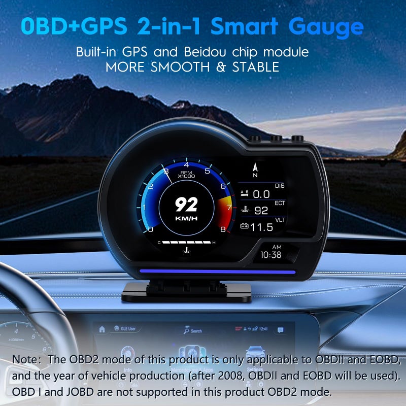 Ofeace OBD2 Gauge Display, Heads Up Display for Cars, Gauge with OBD GPS Dual System, OBD2 Speedometer for Car with Water TEM, Volt, Mileage, Overspeed & Fatigue Driving Alarm, RPM, Works Great for Most Cars - Image 2