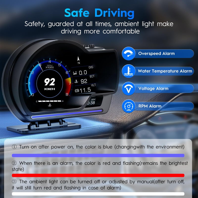 Ofeace OBD2 Gauge Display, Heads Up Display for Cars, Gauge with OBD GPS Dual System, OBD2 Speedometer for Car with Water TEM, Volt, Mileage, Overspeed & Fatigue Driving Alarm, RPM, Works Great for Most Cars - Image 4