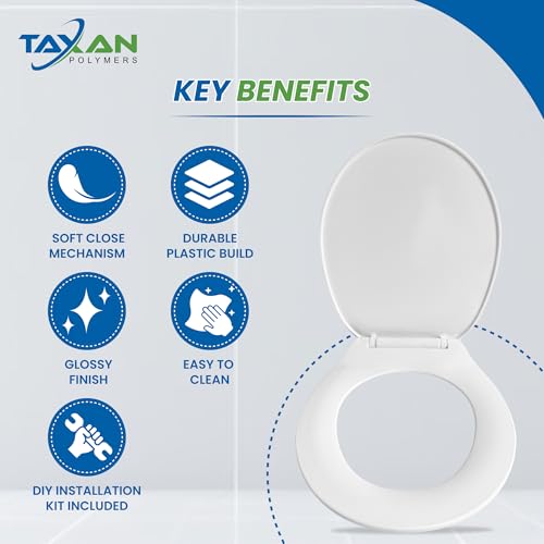 TAXAN POLYMERS TAXAN Round Toilet Seat Cover (41.5cm x 36cm) | Hydraulic Soft Close Mechanism | Heavy Duty Polypropylene EWC and Western Commode Seat with DIY Installation Kit | Glossy White Finish - Image 3