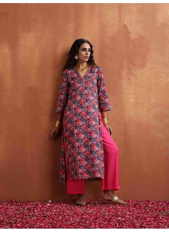 trueBrowns Pink Print High Slit Kurta Set