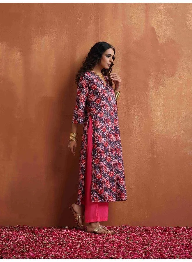ترو برونز trueBrowns Pink Print High Slit Kurta Set