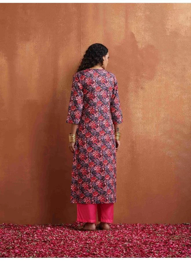 ترو برونز trueBrowns Pink Print High Slit Kurta Set