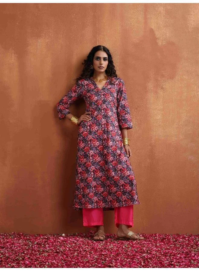 ترو برونز trueBrowns Pink Print High Slit Kurta Set