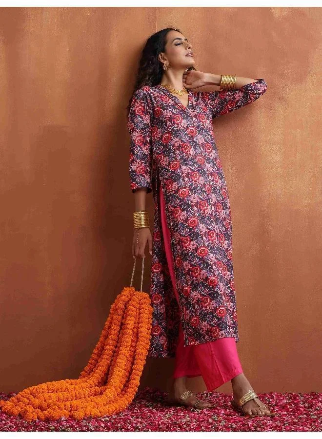 Pink Print High Slit Kurta Set