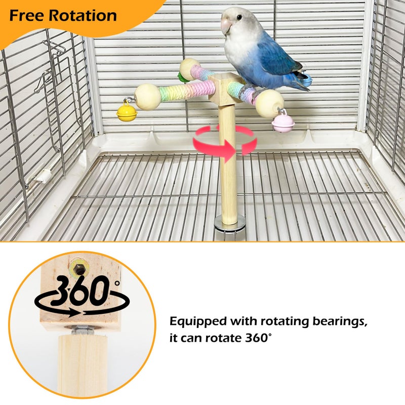 Jevnd Bird Stand Perch Toy with Bells, Interactive Spinning Parakeet Toys, Wooden Exercise Wheel Parrot Toy, Enrichment Cockatiel Toy for Birds Cage, Bird Cage Accessories Perch Toys for Budgies (S, Bells) - Image 3