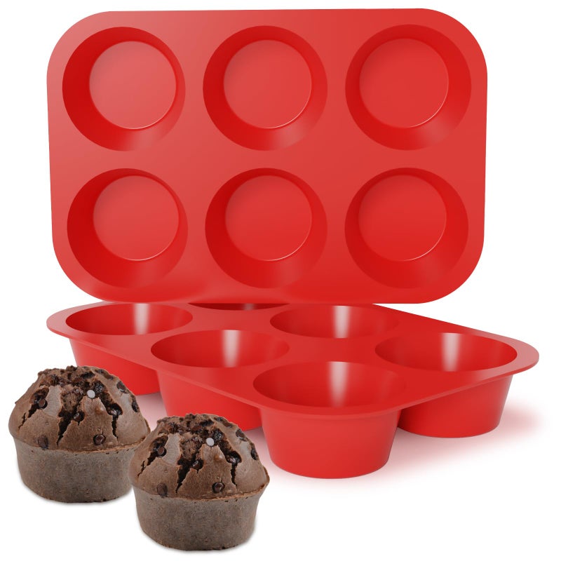 CAKETIME Silicone Jumbo Muffin Pan, 3.5 Inch Silicone Texas Muffin Pan 6 Cup Large Cupcake Pan Nonstick BPA Free Silicone Molds 2 Pack Red - Image 1
