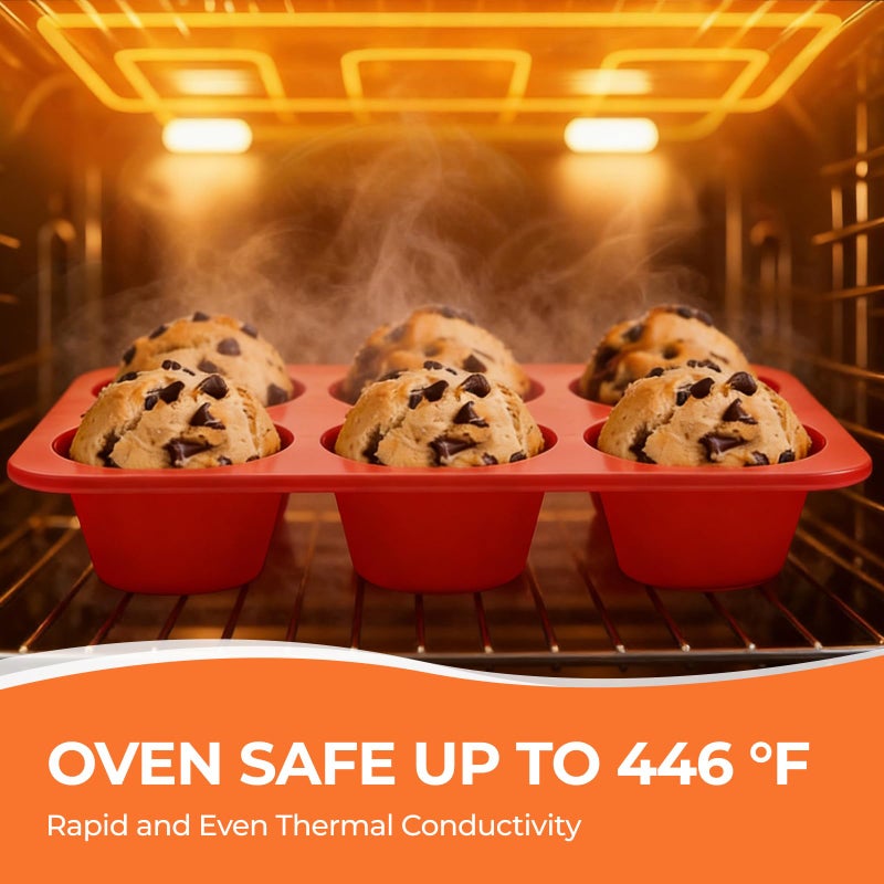 CAKETIME Silicone Jumbo Muffin Pan, 3.5 Inch Silicone Texas Muffin Pan 6 Cup Large Cupcake Pan Nonstick BPA Free Silicone Molds 2 Pack Red - Image 5