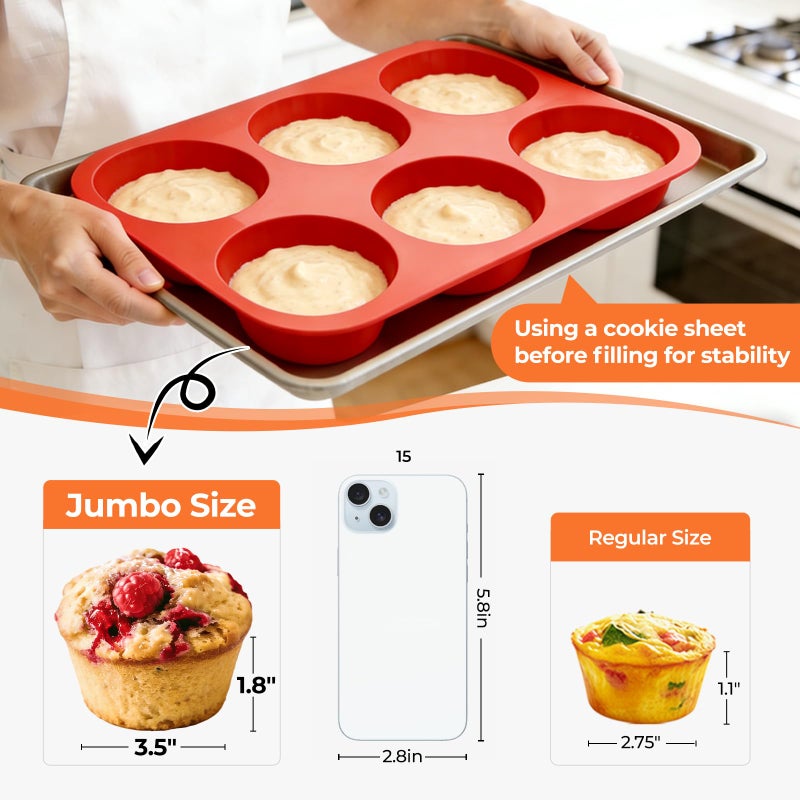 CAKETIME Silicone Jumbo Muffin Pan, 3.5 Inch Silicone Texas Muffin Pan 6 Cup Large Cupcake Pan Nonstick BPA Free Silicone Molds 2 Pack Red - Image 2