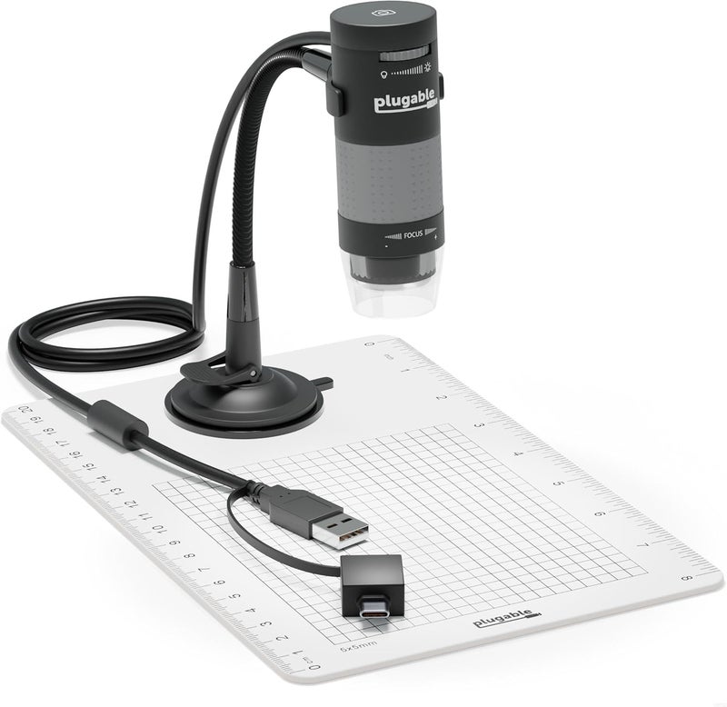 Plugable ميكروسكوب رقمي USB 250x، كاميرا ميكرو 2 ميجابكسل مع حامل ذراع مرن - ميكروسكوب محمول USB و USB-C، متوافق مع ويندوز، ماك، كروم أو إس، لينوكس، أندرويد، آيباد - Image 1