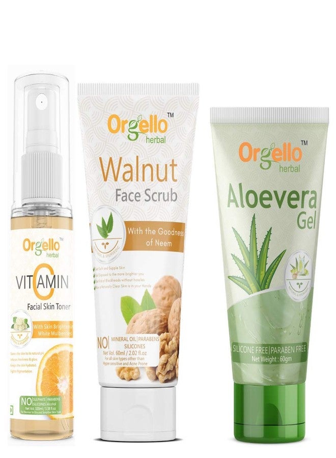 Orgello Herbal Vitamin C Toner Combo (100 ml) With Aloe Vera Gel (60 gm) + Walnut Scrub (60g) - Pack Of 3- for men women girls boys normal oily dry skin sls paraben mineral oil free - Image 1