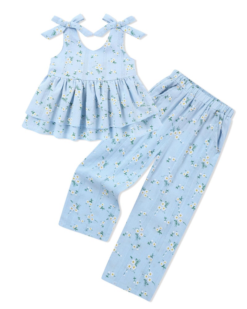 SANMIO Toddler Girl Clothes 4T Linen Floral Ruffle Sleeveless Tops Pants Set Toddler Clothing Summer Outfits for Girls - Image 1