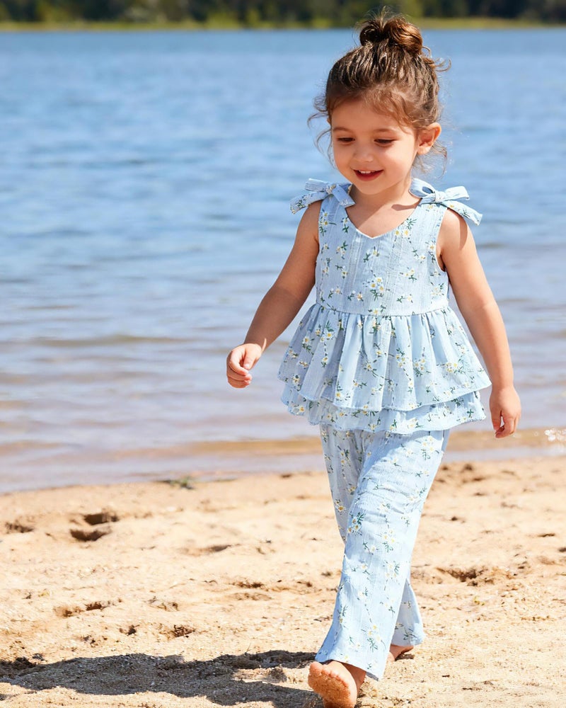 SANMIO Toddler Girl Clothes 4T Linen Floral Ruffle Sleeveless Tops Pants Set Toddler Clothing Summer Outfits for Girls - Image 4