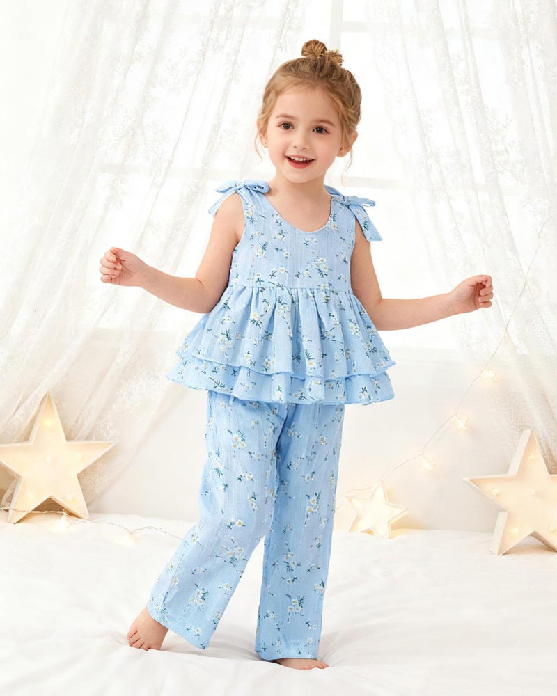 SANMIO Toddler Girl Clothes 4T Linen Floral Ruffle Sleeveless Tops Pants Set Toddler Clothing Summer Outfits for Girls - Image 2