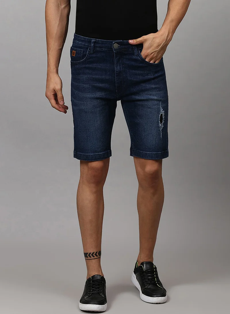 Campus Sutra Campus Sutra Men's Navy Blue Side Distressed Denim Shorts For Casual Wear | Dark-Wash | Regular Fit | Button Closure | Cotton Denim Shorts Crafted With Comfort Fit For Everyday Wear