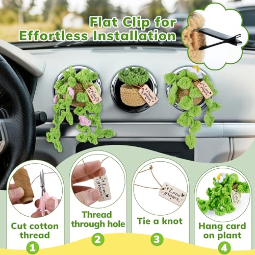 FOGWOWO 4 Pcs Crochet Plant Vent Clips for Car,Handmade Mini Plant Car Air Fresheners with Inspirational Cards,Succulent Sunflower Potted Plants Car Vent Clips Xmas Crochet Gift for Plants Lover with Gift Box - Image 3