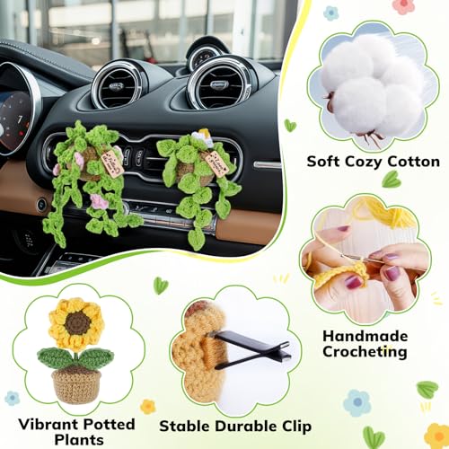 FOGWOWO 4 Pcs Crochet Plant Vent Clips for Car,Handmade Mini Plant Car Air Fresheners with Inspirational Cards,Succulent Sunflower Potted Plants Car Vent Clips Xmas Crochet Gift for Plants Lover with Gift Box - Image 4