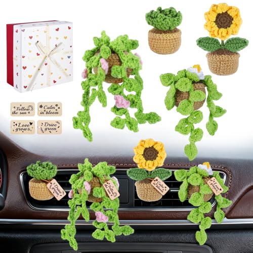FOGWOWO 4 Pcs Crochet Plant Vent Clips for Car,Handmade Mini Plant Car Air Fresheners with Inspirational Cards,Succulent Sunflower Potted Plants Car Vent Clips Xmas Crochet Gift for Plants Lover with Gift Box - Image 1