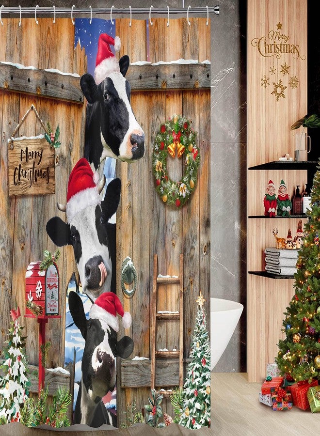 Accnicc Christmas Shower Curtain Set Funny Farmhouse Cow Shower Curtains for Bathroom Rustic Winter Xmas Tree Cute Waterproof Fabric Bath Curtain Decor (Orange, 72'' × 72'') - Image 3