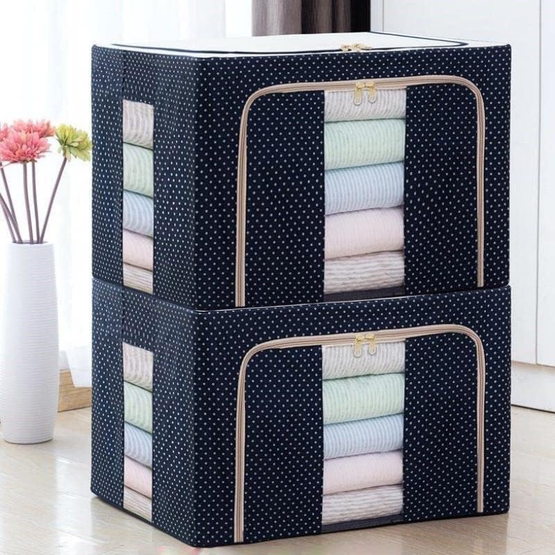 BHISRA Fabric Clothes Storage Box for Wardrobe Cloth Saree Towel Blanket Foldable Organizer Bag with Steel Frame Top and Front Zipper Open Bags Polka Dot Blue 66L Pack of 1 - Image 1
