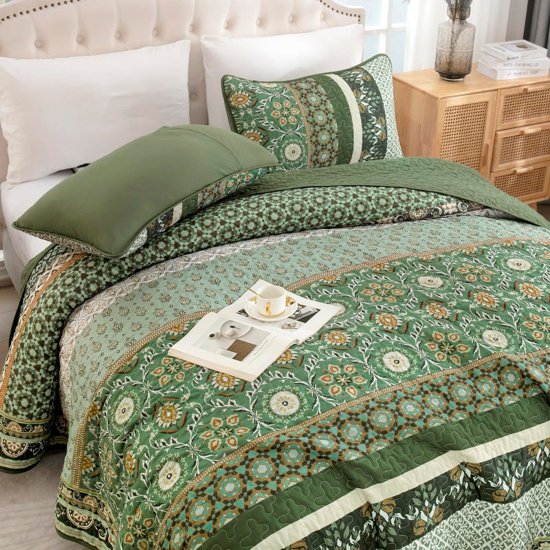 Yiran King Size Quilt, Olive Green Spring Summer Bedspread Bedding Set, 3 Pieces Bohemia Coverlet with 2 Pillow Shams for All Season 110x90 Inch - Image 3