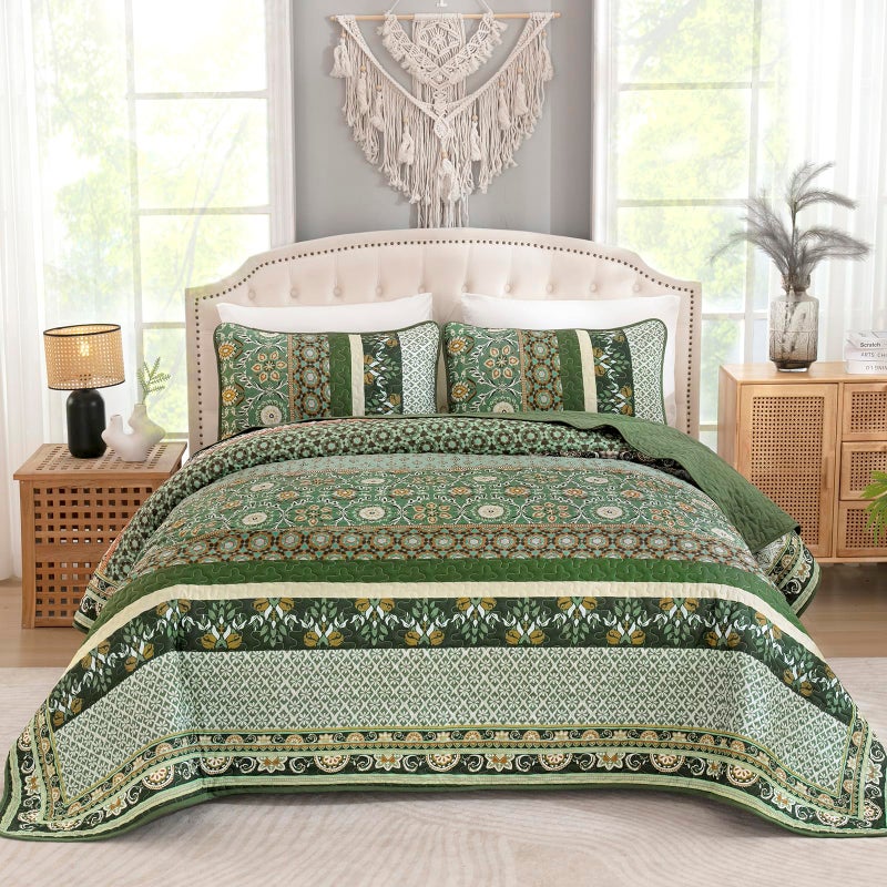 Yiran King Size Quilt, Olive Green Spring Summer Bedspread Bedding Set, 3 Pieces Bohemia Coverlet with 2 Pillow Shams for All Season 110x90 Inch - Image 2