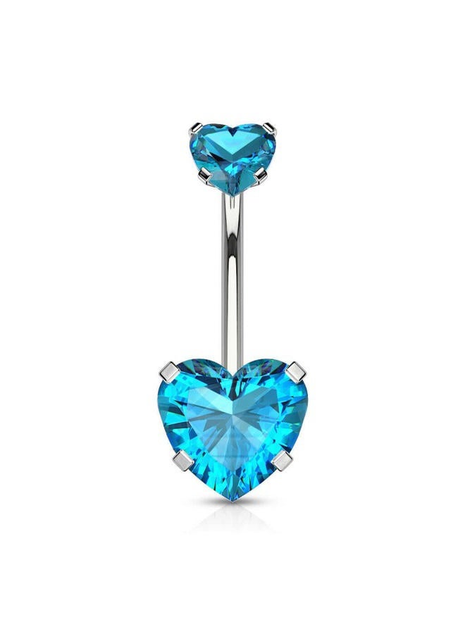 All Solid 316L Surgical Steel Double Heart CZ Navel Belly Button Ring 14g 3/8" - Aqua - Image 1