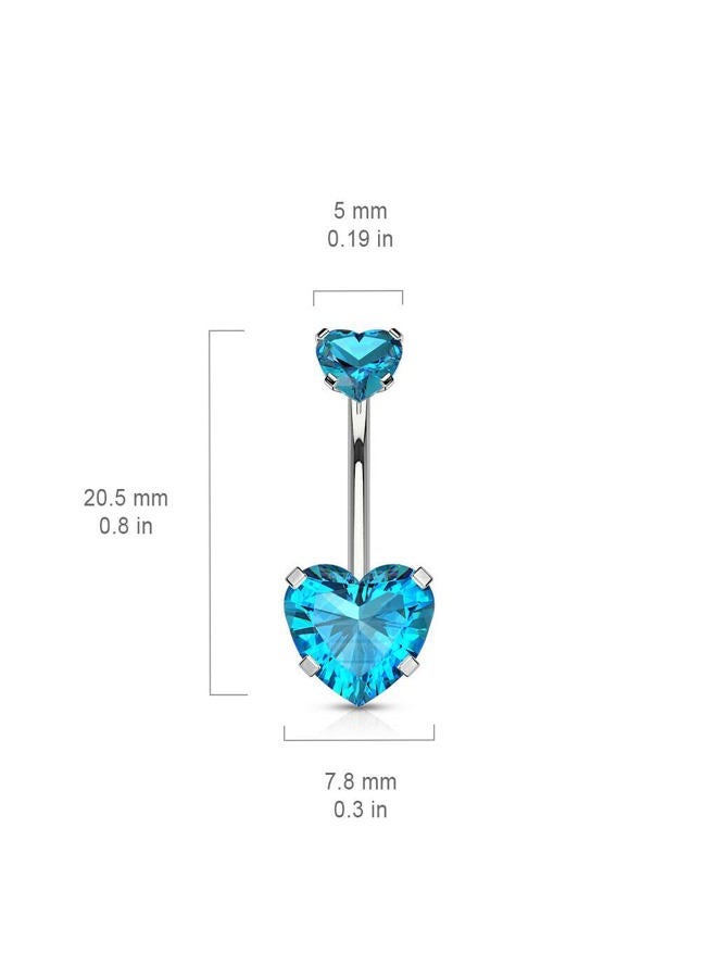 All Solid 316L Surgical Steel Double Heart CZ Navel Belly Button Ring 14g 3/8" - Aqua - Image 2