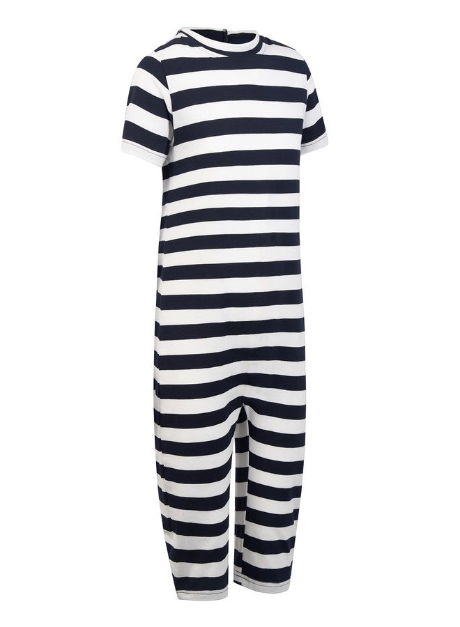 EEOST Adaptive Clothing for Kids Special Needs Autism Sensory Jumpsuit Anti-Strip Romper with Back Zipper Sizes 3-16 Years (Navy/White, 3-4 Years Old) - Image 1