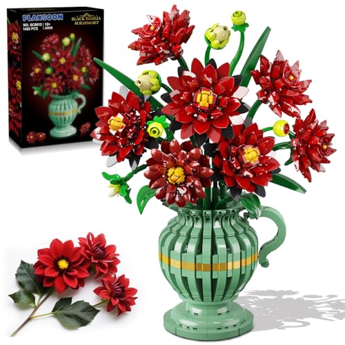 PLAXSOON Flowers Building Set with Vase Dahlia Flower Bouquet Botanical Collection Building Block Toy 1482 PCS Gothic Artificial Plant Bonsai Kit Home Decor Gift for Her Adults Kids Girls 12 - Image 1