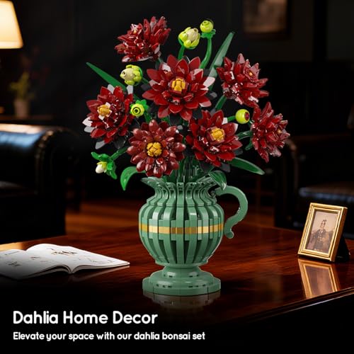 PLAXSOON Flowers Building Set with Vase Dahlia Flower Bouquet Botanical Collection Building Block Toy 1482 PCS Gothic Artificial Plant Bonsai Kit Home Decor Gift for Her Adults Kids Girls 12 - Image 3