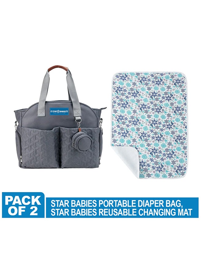Combo Pack Of 2 Diaper Portable Bag With Reusable Changing Mat Printed Flower - Blue