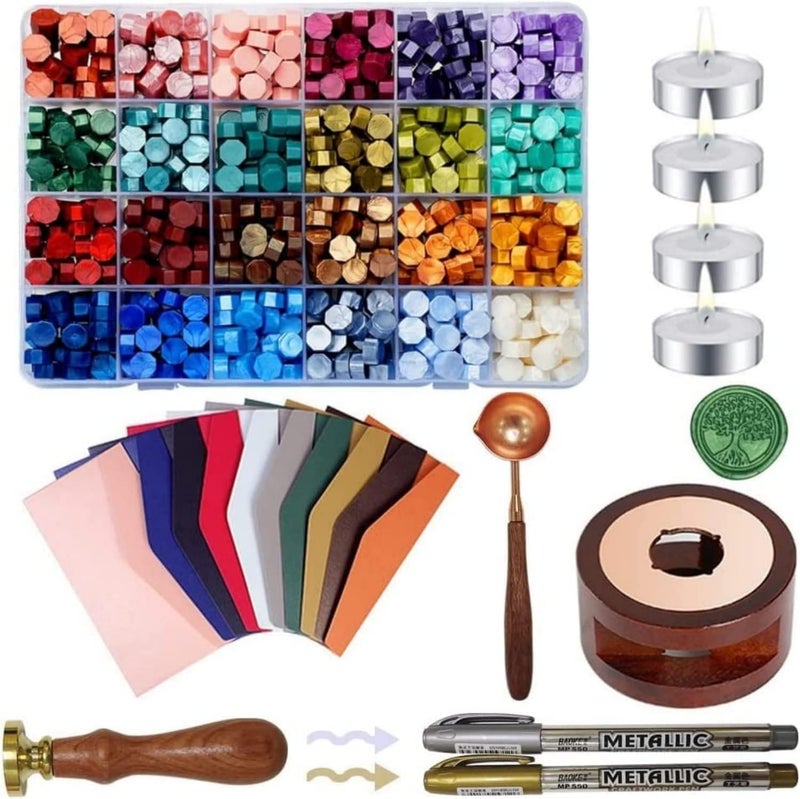DMG TECH Sealing Wax Beads Kit, 600Pcs Diy Wax Seal Set Includes 24 Colors Wax Seal Beads Wax Warmer Wax Stamp, Envelopes Metallic Pen For Gifts, Letters, Crafts, Wedding Invitation And Decoration Sealing - Image 1