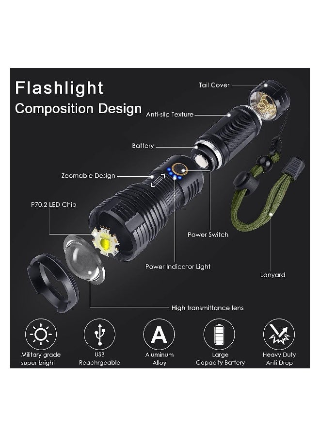 Rechargeable LED Glare Flashlight, High Lumens Flashlight, 5 Modes XHP70 Tactical Flashlight with Zoomable, Super Bright Waterproof Flashlights for Emergencies, Camping, Hiking - Image 3