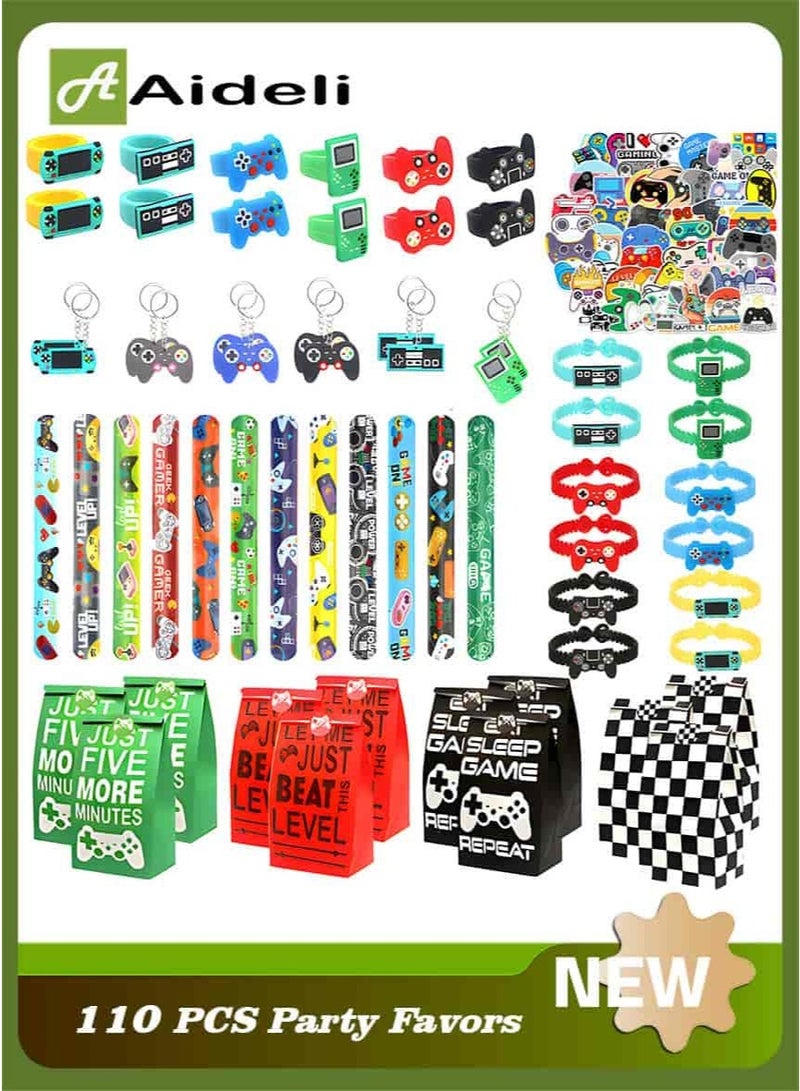 أديلي 110 قطعة هدايا حفلات أعياد ميلاد بتصميم ألعاب الفيديو لـ 12 ضيفاً، أكياس حفلات مع ملصقات، أساور سيليكون، دفتر صغير وميدالية مفاتيح - Image 1