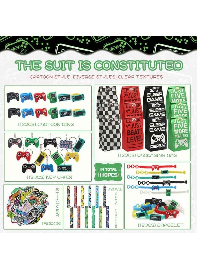 أديلي 110 قطعة هدايا حفلات أعياد ميلاد بتصميم ألعاب الفيديو لـ 12 ضيفاً، أكياس حفلات مع ملصقات، أساور سيليكون، دفتر صغير وميدالية مفاتيح - Image 2