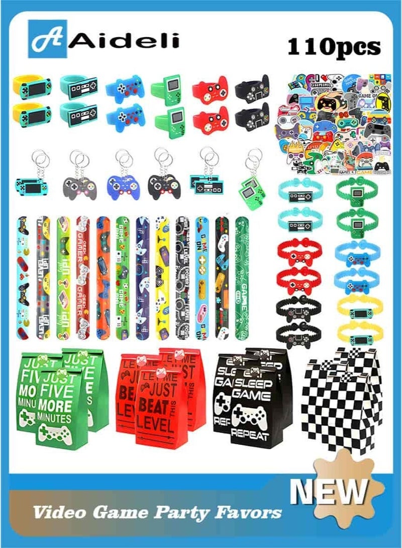 أديلي 110 قطعة هدايا حفلات أعياد ميلاد بتصميم ألعاب الفيديو لـ 12 ضيفاً، أكياس حفلات مع ملصقات، أساور سيليكون، دفتر صغير وميدالية مفاتيح - Image 1