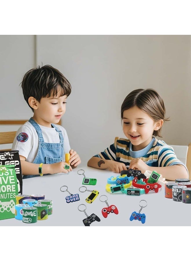 أديلي 110 قطعة هدايا حفلات أعياد ميلاد بتصميم ألعاب الفيديو لـ 12 ضيفاً، أكياس حفلات مع ملصقات، أساور سيليكون، دفتر صغير وميدالية مفاتيح - Image 3