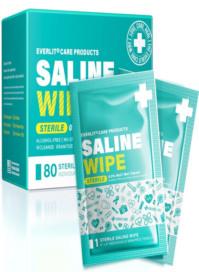 EVERLIT CARE Saline Wipes | 80 Pcs Sterile Wet Towelettes Formulated for Sensitive Skin | Nose, Piercing Aftercare, Baby & Kids | No-sting Alcohol-Free Wipes with Aloe Vera | 6" x 8" Extra Large Sheet - Image 1