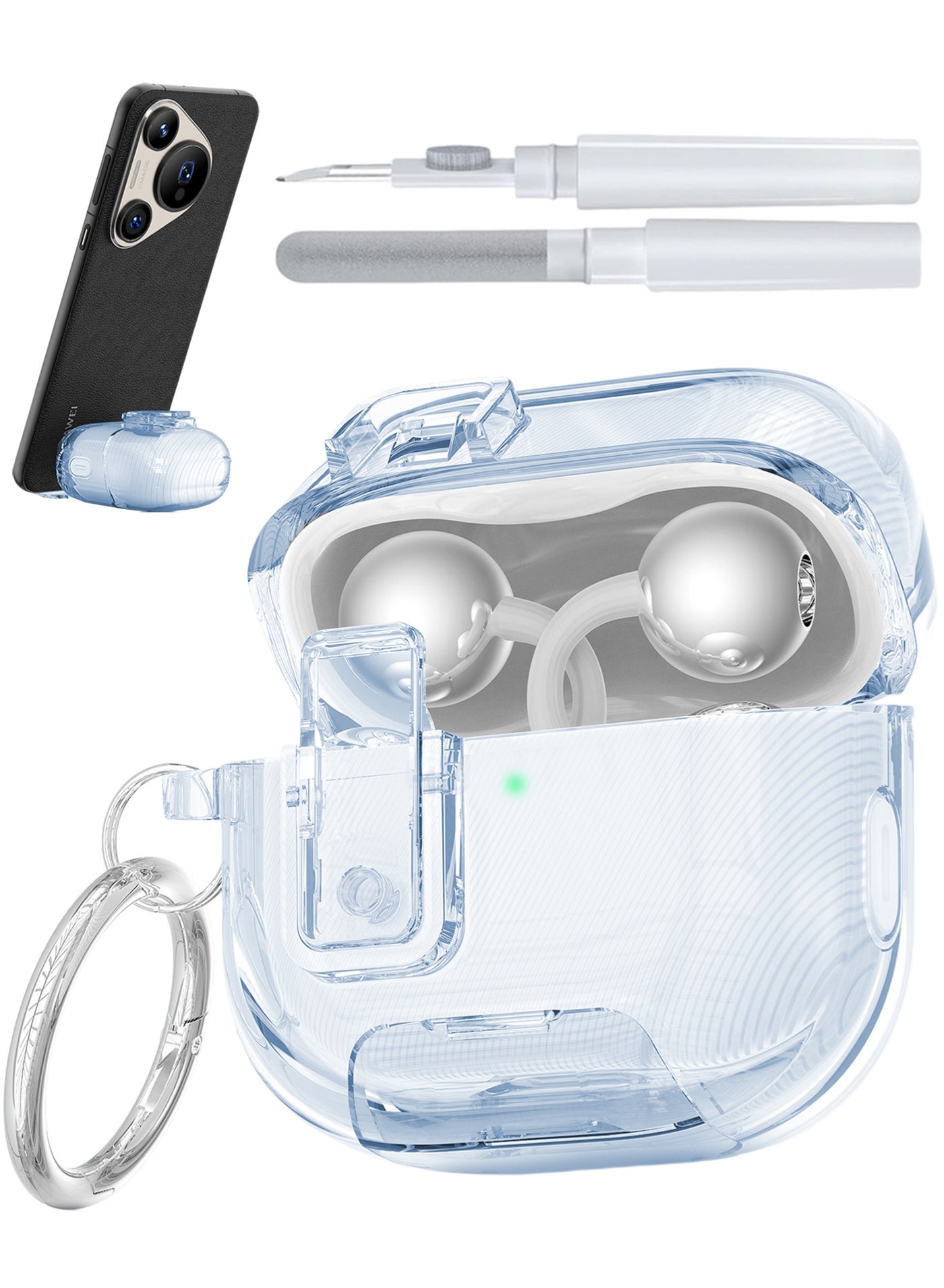 Soft Case for Huawei FreeClip 2, with Carabiner and Cleaning Kit, Lock Clip with Phone Stand, Clear Blue