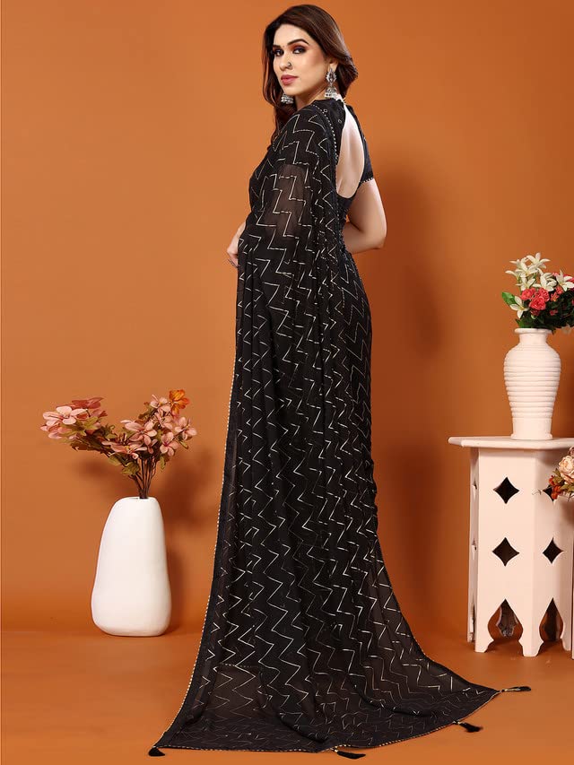 Satrani Women'S Georgette Foil Print Saree With Unstitched Blouse Piece(3066S2124N_Black) - Image 3