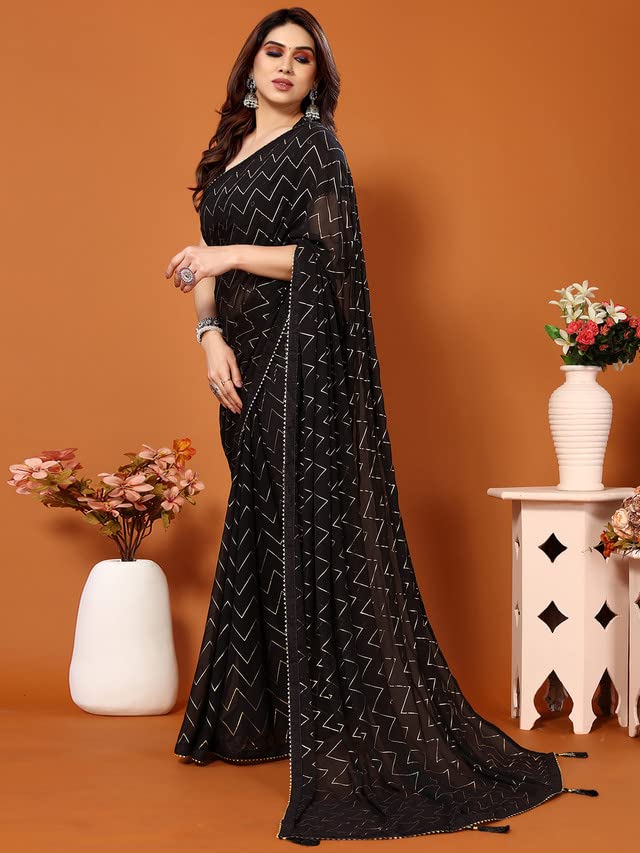 Satrani Women'S Georgette Foil Print Saree With Unstitched Blouse Piece(3066S2124N_Black) - Image 2