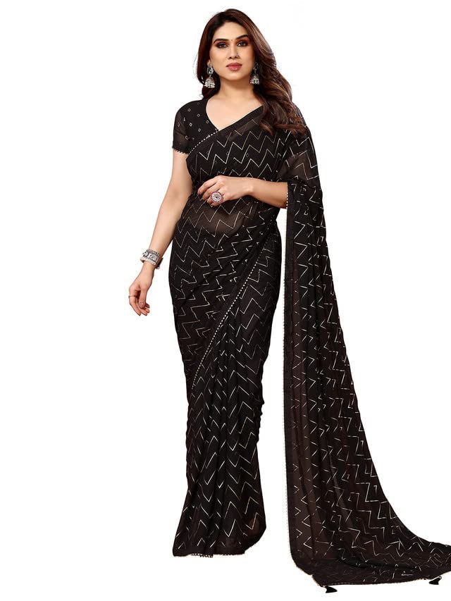 Satrani Women'S Georgette Foil Print Saree With Unstitched Blouse Piece(3066S2124N_Black) - Image 1