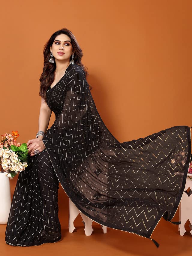 Satrani Women'S Georgette Foil Print Saree With Unstitched Blouse Piece(3066S2124N_Black) - Image 4